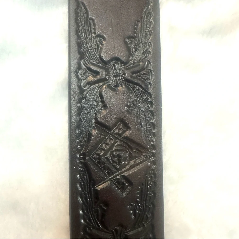 NEW Big Men's Genuine Leather Dark Brown Freemason Square Logo Belt Masonic 58